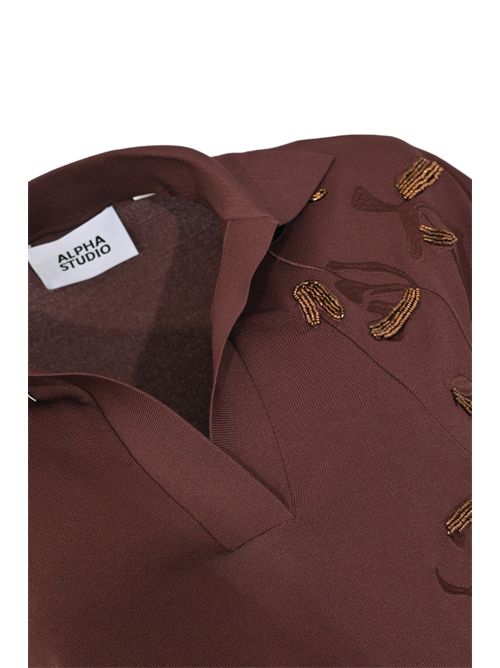 Polo manica kimono in viscosa con ricamo Cioccolato Alpha studio | AD-6270B2009